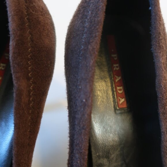 Womens Prada Brown Black Suede Patent Leather Capped Toe Heels Pumps 38.5 US/8.5 - Picture 7 of 16